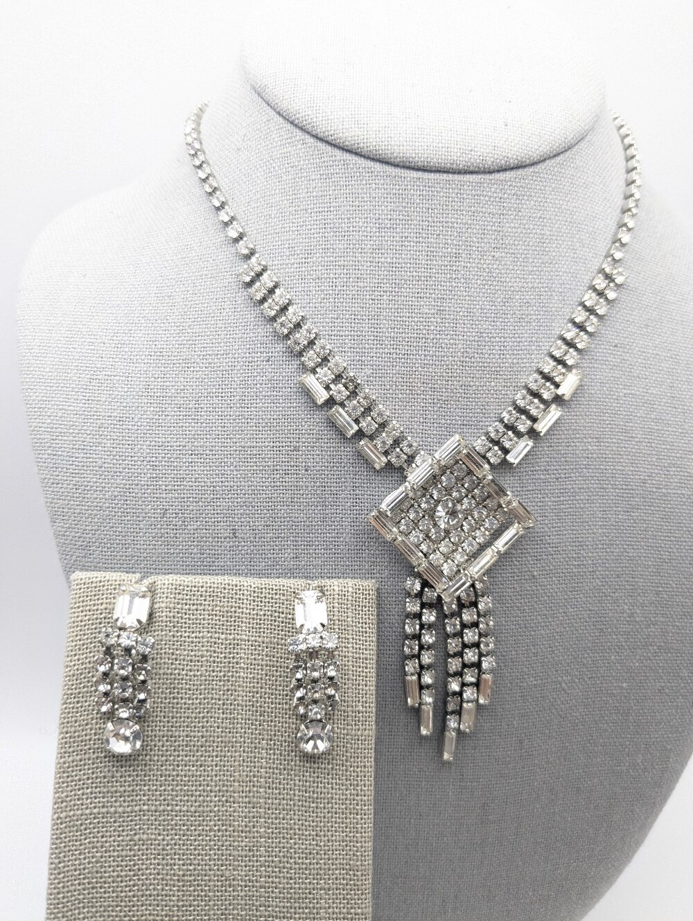 Rare Signed Weiss Demi-Parure 1950s Rhinestone Necklace & Earrings Set Vintage